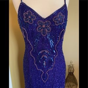Blue Beaded Formal Evening Gown